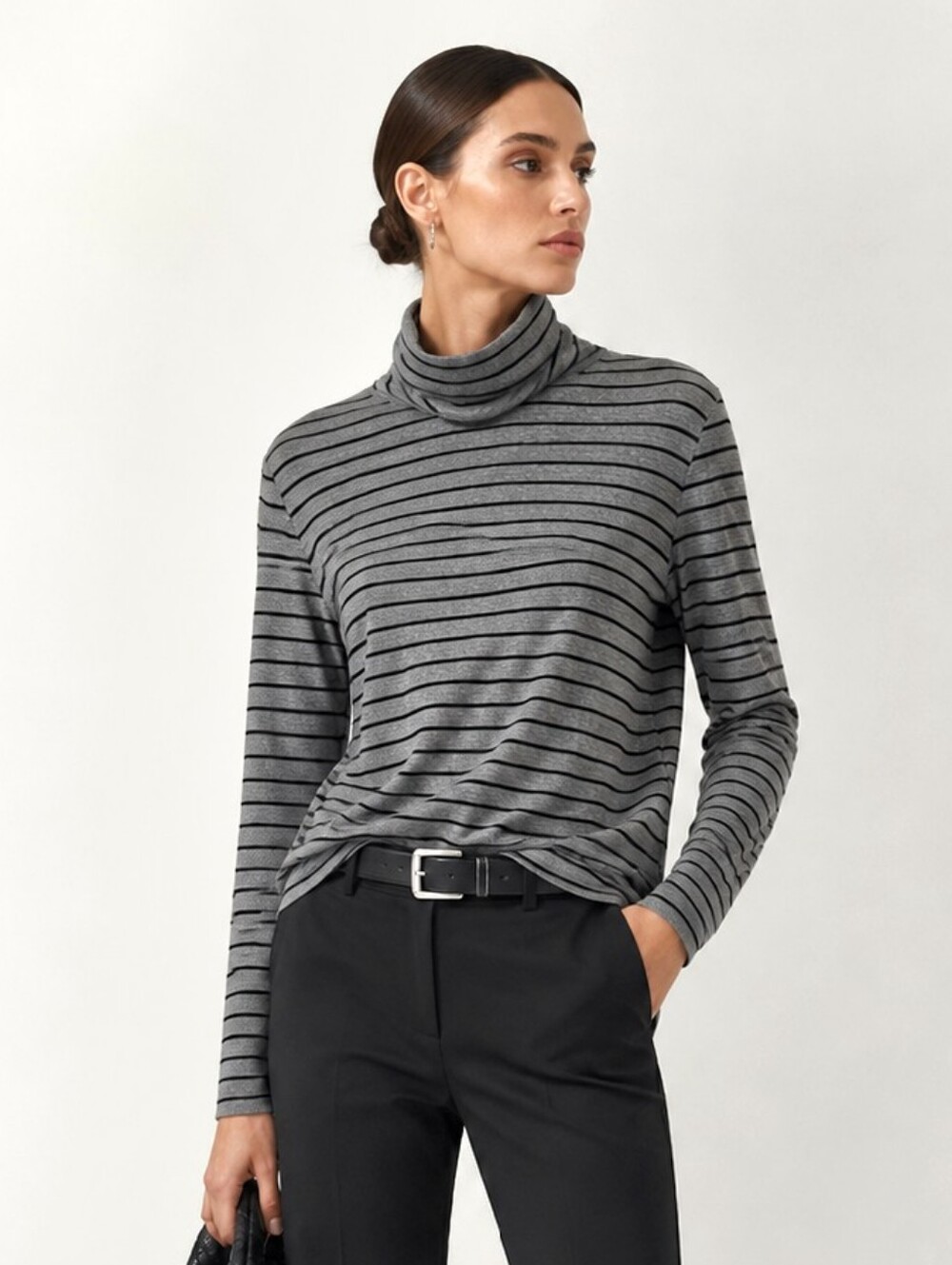 Athleta Gray And Black Stripe Turtleneck Top